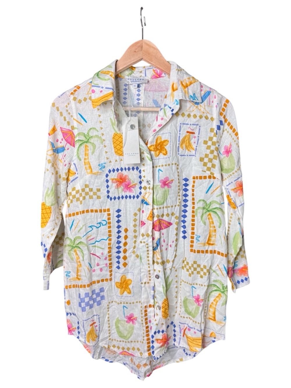 NWT Calypso St. Barth Linen Rayon Tropical Print Button Up Cover Up Top XS